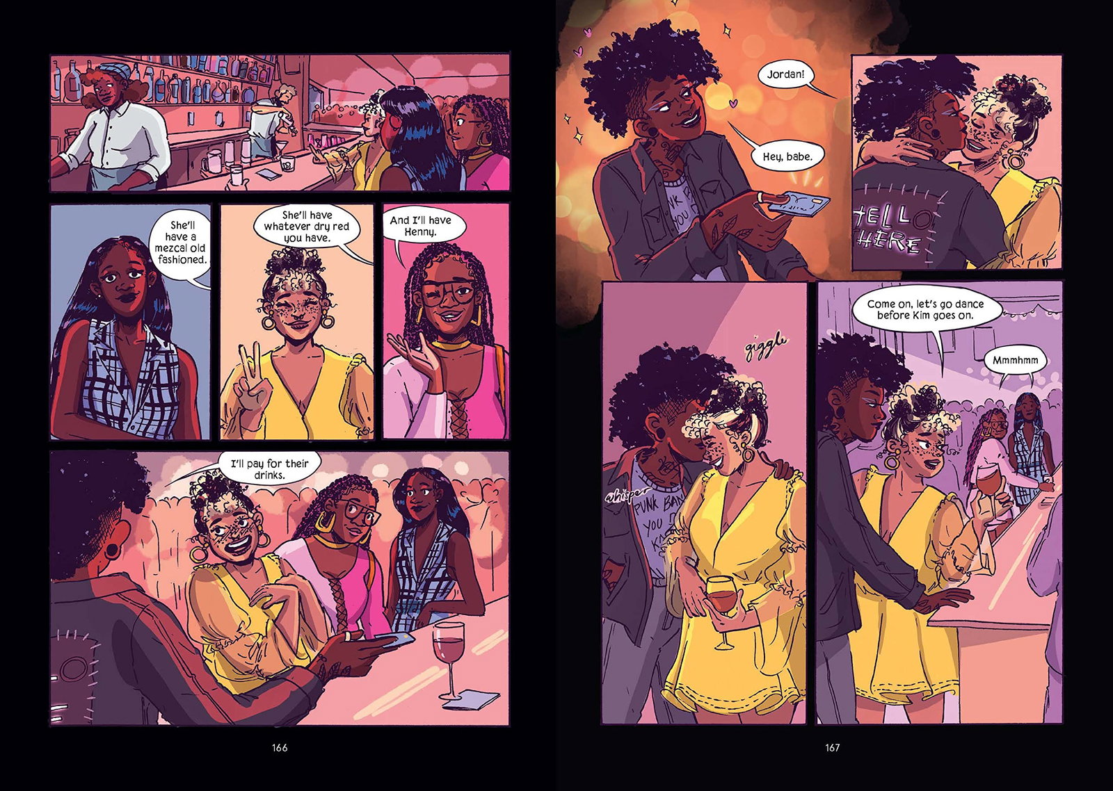 Three friends stand at a bar and order drinks before one of the friends is joined by her new boo