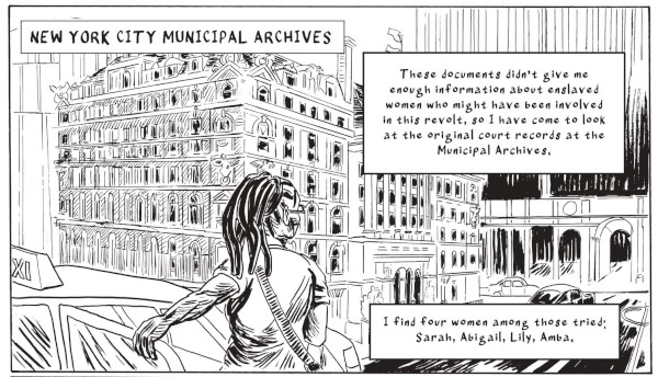 black and white drawing of Hall outside community archives the text reads New York City Municipal Archives - These documents didn't give me enough information about enslaved women who might have been involved in this revolt. So I have come to look at the original court records at the municipal archives. I find four women among those tried: Sarah, Abigail, Lily, Amba