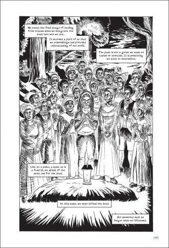 Black and white drawing of Hall surrounded by female ancestors, text reads We reach the final stage of healing from trauma when we integrate the past into who we are. It becomes part of us and provides understanding of our world.
