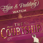 Elyse & Pudding watch The Courtship, with the logo and text in gold embossed and a tiny siamese cat tilting the title card off center