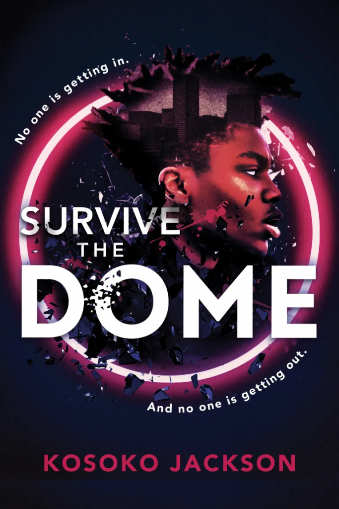 Survive the Dome by Kosoko Jackson. A young black man's profile is encircled by a red neon ring. He seems to be shattering into shards and pixels. The outline of buildings is reflected in his hair.