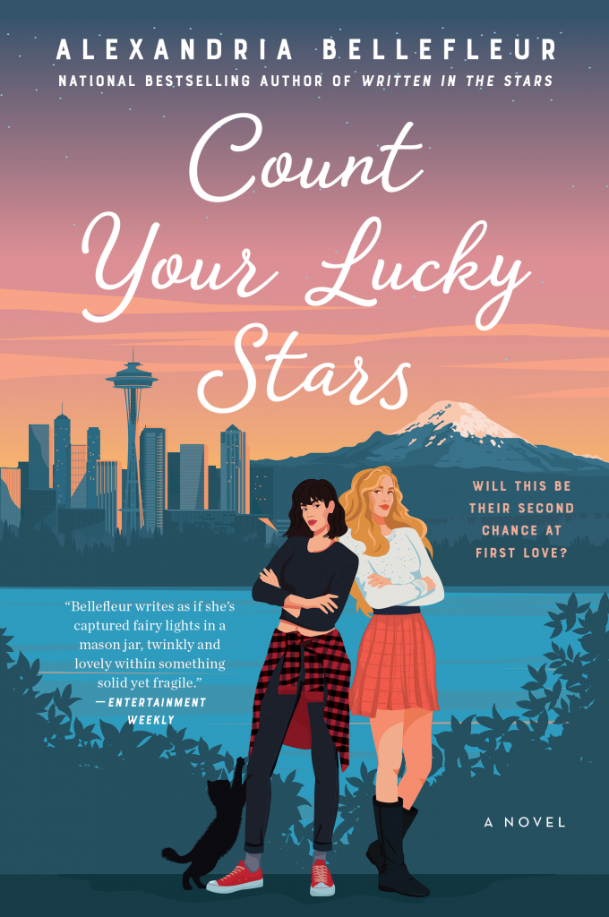 Count Your Lucky Stars by Alexandria Bellefleur. An illustrated cover. Two winner stand before the Seattle skyline, back to back. One looks more preppy, is blonde, wearing a coral skirt and white shirt. The other woman has a dark bob with bangs, a black crop top, black jeans, red sneakers, and a flannel tied around her waist. A black cat stretches at her feet.