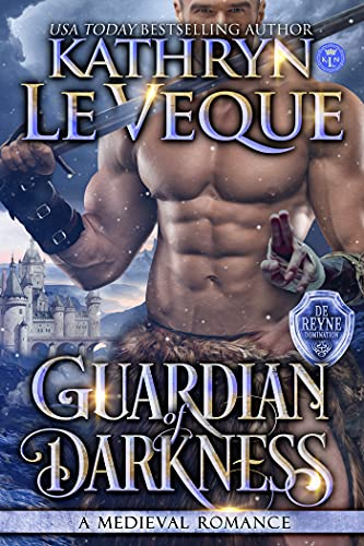 Guardian of Darkness by Kathryn Le Veque. A shirtless and headless man with balloony pecs stands in front of a snow castle. One hand is making a symbol with his index and middle finger. He just has a fur loincloth and bracers on.