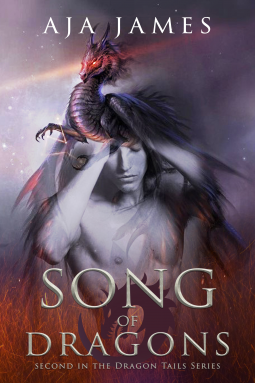 Song of Dragons by Aja James. A miniature dragon appears to be emerging from a shirtless man's head. He rightfully appears to be in pain.