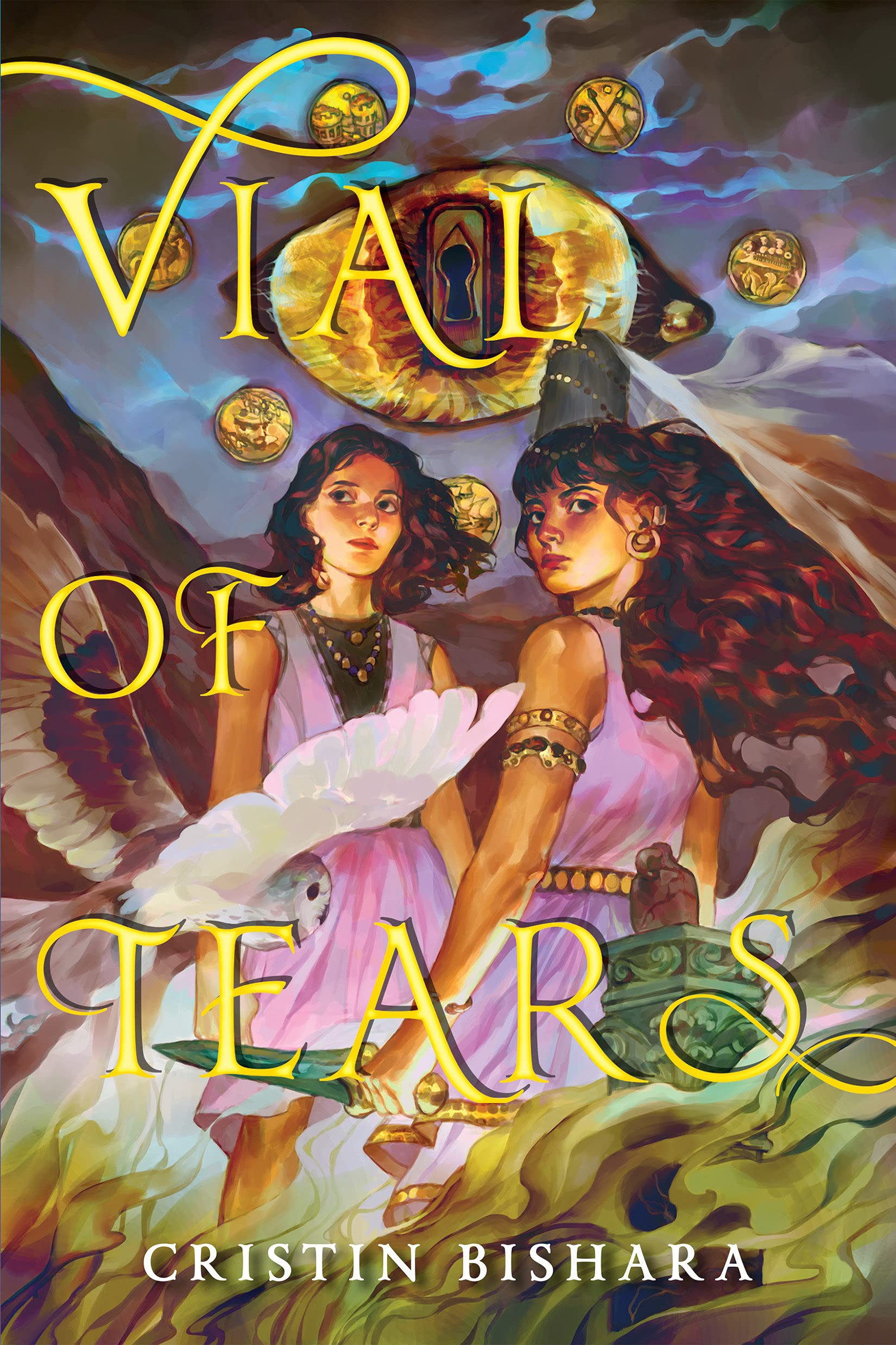 Vial of Tears by Cristin Bishara. An illustrated cover. Two young women with reddish brown hair are looking off into the distance. They are wearing light pink, gauzy dresses. One is wielding a dagger while smoke billows around them. A white owl flies toward them.