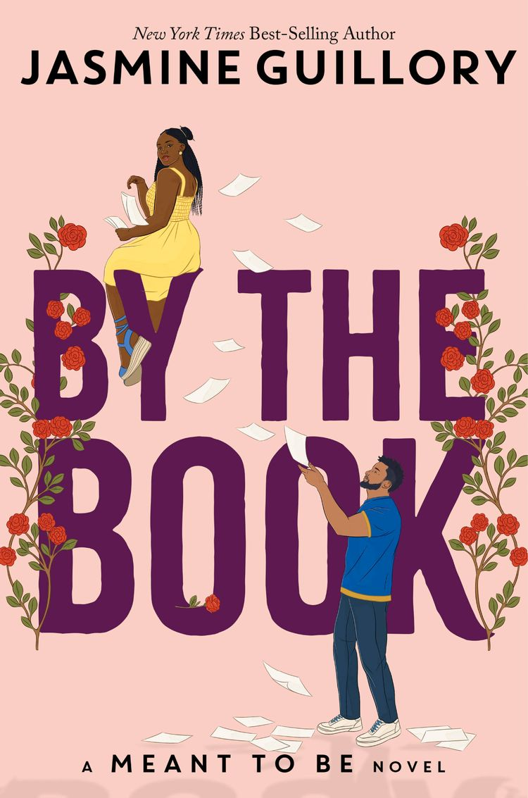 By the Book by Jasmine Guillory. The title in in purple. The cover is illustrated. A Black woman is sitting on top of the title. She is in a yellow dress and has a stack of paper in her hands, the pages are floating down. She has on some cute blue wedge sandals. A Black man stands at the bottom of the title in jeans and a blue t-shirt. He's grabbing one of the falling pages. The title is framed by rose vines.