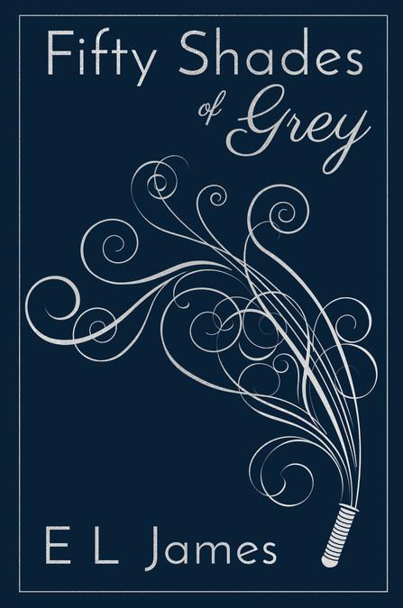 50 Shades 10th Anniversary Edition. A navy blue cover with silvery grey text for the title and author name. There's an image of a drawn whip but the handle looks like a tampon and the whip strands are thin and curly.