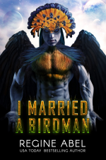 I Married a Birdman by Regine Abel. Welp, it's a bird man. He has a feather forehead plume in navy ad gold. There are gold feathers on his chest and he has navy blue wings.