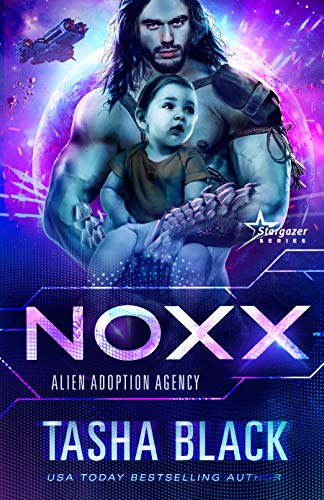 Noxx by Tasha Black. A blue alien man with scales only on his forearms is holding a very large and confused looking blue baby.