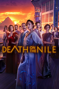 DEATH ON THE NILE poster with the entire ensemble posing dramatically against a sunset with apyramid in the background Gal Godot is front and center in a bias cut gown looking extremely bored