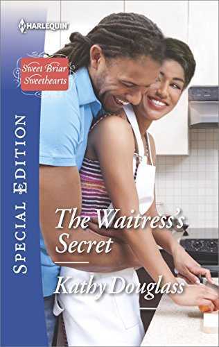 The Waitress's Secret by Kathy Douglass. A Black couple in the kitchen. She's wearing an apron and doing something at the counter. He is hugging her from behind. They both have lovely smiles on their faces.