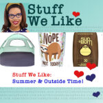 Stuff We Like - a picture of a tent, a tumbler with a sloth on it and sunbum sunscreen for summer and outside time!