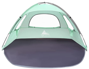 NXONE Beach Tent, a green soft sided tent with an oepning in the front and mesh windows 