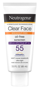 A white bottle of Neutrogena Clear Face SPF 55 sunscreen