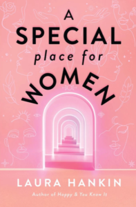 A special Place for women hardcover - a pink wall with line illustrations of women with glowing pink doors one after another disappearing into the distance
