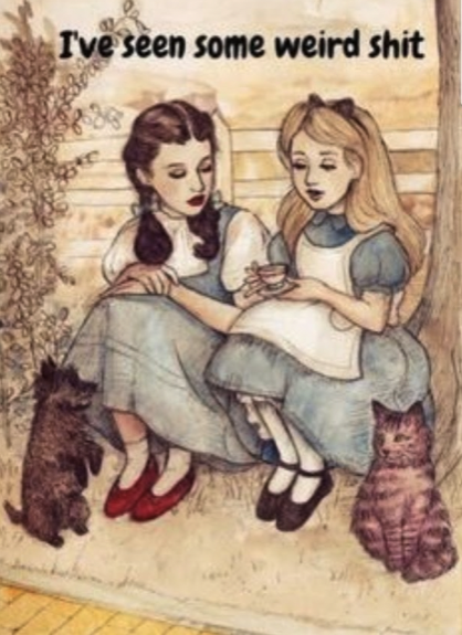 An illustration of Alice in wonderland having tea with Dorothy from the Wizard of Oz in blue dresses with white pinafores. Alice is looking at her teacup saying I've seen some weird shit.