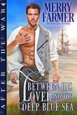 Between His Lover and the Deep Blue Sea by Merry Farmer. A man with his button down shirt getting blown open stands on a beach. A ship is in the background. What's concerning is the disembodied hand reaching out for his pec.