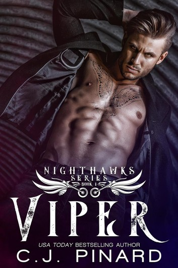Viper by C.J. Pinard. A shirtless blond man is looking down at us menacingly. His leather jacket is wide open. But also, we can't seem to figure out the angle. He appears to be 15 feet tall and in a giant metal construction tube.