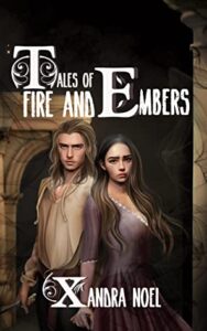 TALES OF FIRE AND EMBERS an illustrated cover of two white young people the one on the left has long light colored hair, an open shirt that ties at the neck, and a sword. His thumb is very very very long. THe other person on the right has a low cut purple gown and what looks like one large breast in the center of their chest. This person also has very very very long fingers but no thumb. Both of them look absolutely miserable.