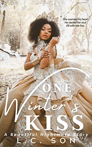 One Winter's Kiss by L.C. Son. A Black woman in a snowy landscape is wearing a soft golden dress with tons of glittery sequins. She has on a gorgeous crown.