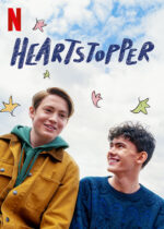 Netflix poster of Heartstopper two teenage boys with the word heartstopper illustrated above them with some illustrated leaves