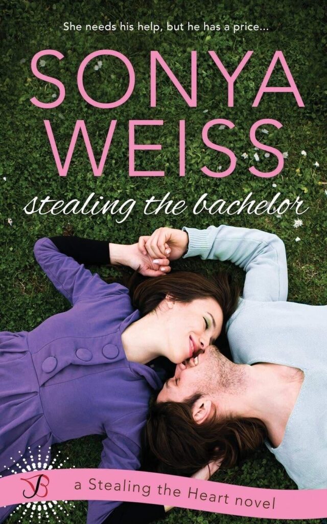Stealing the Bachelor by Sonya Weiss. A man and woman are lying in the grass kissing. She has on a purple dress with buttons the size of a child's palm. The man is a rather generic brunette.