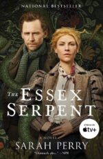 The essex serpent poster with Tom Hiddleston looking stern and Claire Danes looking curious dressed in very warm clothes with a serpent tapestry behind them. Tom is wearing a giant green scarf that mimics the serpent and claire is wearing a fantastic puff sleeved jacket in tweed