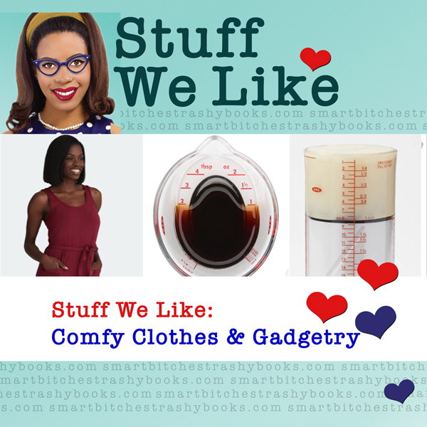 Stuff We Like with a red jumpsuit, and two measuring cups