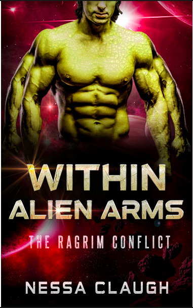 Within Alien Arms by Nessa Claugh. A headless, shirtless man with spots. He also has four arms, but they're so close together that it looks like he also has just two enormous, bulbous arms instead.