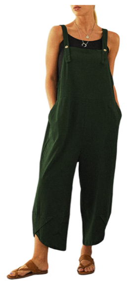 Green loose crinkle cotton overalls with tulip leg openings, pockets, in deep green