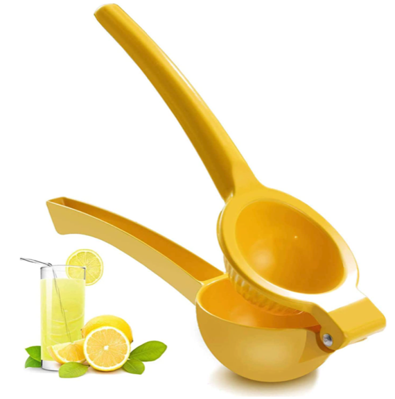 yellow metal citrus juicer with two handles that squeezes the lemons and limes