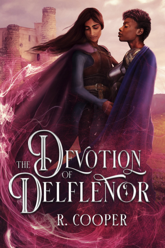 The Devotion of Delflenor by R. Cooper. Two brown-skinned figures in dark purple and burgundy clothes stand closely before a castle. A glowing pink mist surrounds them.