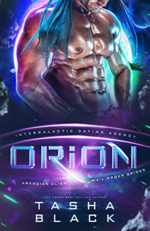 Orion by Tasha Black. A very oily, shirtless man with long, neon blue hair is gazing down at his crotch.