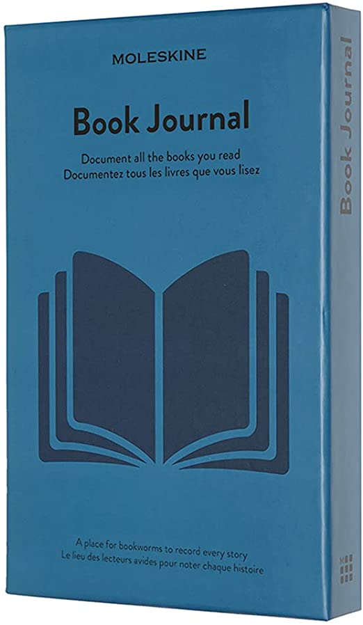 A blue, hardbound journal with the image of a black open book on the cover.