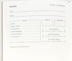 Close up of the book page from The Reading Journal with title, author, excitement ease and overall ratings, date started and finished, genre pages and lots of additional detail that amanda doesn't want to track 