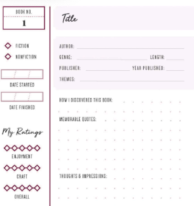 Close up of book entry page featuring ratings, dates, and memorable quotes section tat amanda will not fill out 