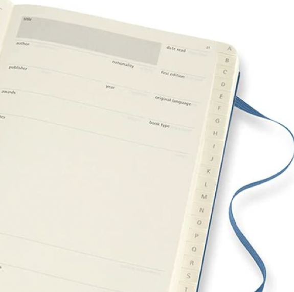 Close up of layout of Moleskin reading journal with alphabetized interior pages to record books by title in alpha order rather than date order 