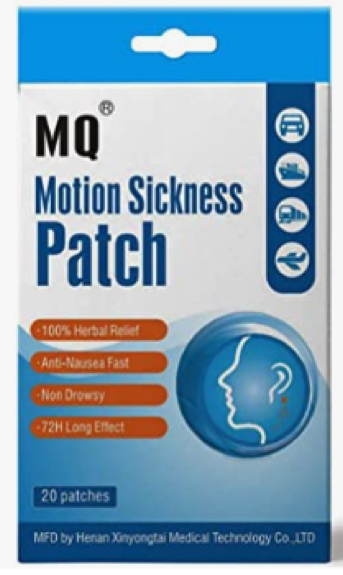 Blue box of MQ Motion Sickness patches that go behind the ear 