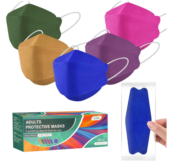 XDX Disposable KN 94 Face masks in green, gold, blue, purple, and pink 