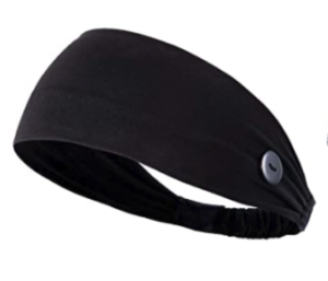 A black stretchy headband with a large button on the sides to hold mask elastic loops