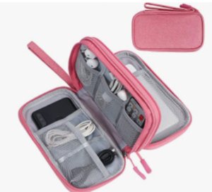 pink canvas rectangular zipper pouch for tech with pockets for phones, cables, chargers, earbuds, memory cards. 