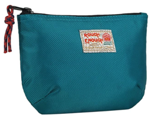 Rough Enough Nylon pouch, in teal green with a Rough Enough patch logo on the outside and a black zipper