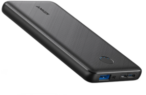 Anker black textured power bank battery, a slim rectangle 