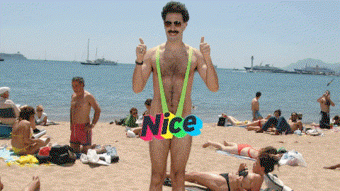 Borat wears a revealing swimsuit