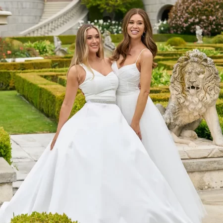 Rachel and Gabby model wedding dresses