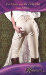 The Major and the Pickpocket by Lucy Ashford. A feminine hand is cupping a man's butt in a pair of beige breeches. There are no pockets. Dangling from her fingers is a pocket watch.
