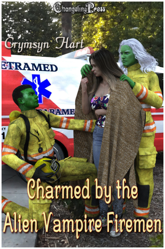 Charmed by the Alien Vampire Firemen three computer generated people in front of an ambulance one is green and is kneeling down like they are about to propose and also they are wearing a fire fighter jumpsuit of sorts. There is a standing woman wearing a burlap blanket who looks very upset nd behind her is a green skinned alien with wavy white hair like Geralt in The Witcher putting the blanket over the woman's shoulders 