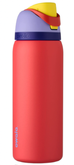 Owala Free Sip water bottle with a red body, a purple cap, and a curve of red plastic over the top nozzle which is yellow. it does indeed look kind of like a toucan.