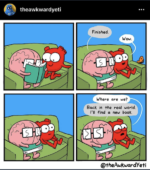 A four panel comic showing a brain and a heart sitting on a couch. In the first panel the brain is reading a book and the heart is looking at the brain and the book with a big smile on its face. In the second panel