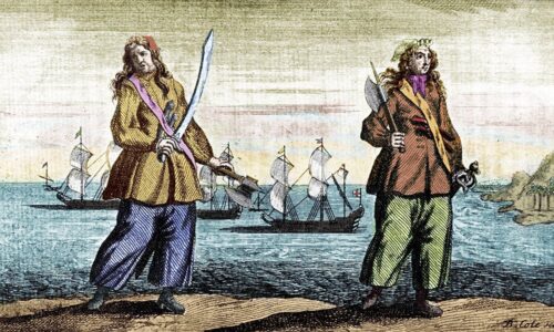 sepia toned drawing of two pirate women, on shore with a ship in the ocean in the background, dressed in men's clothing and brandishing swords